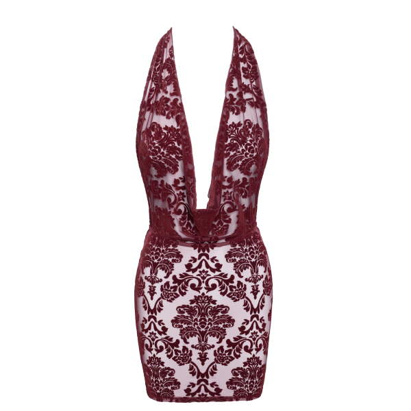 Noir Handmade - F385 - Kink Royal Cascade - Mini Jurk - Gaas - Flockprint - Rood - Afbeelding 10