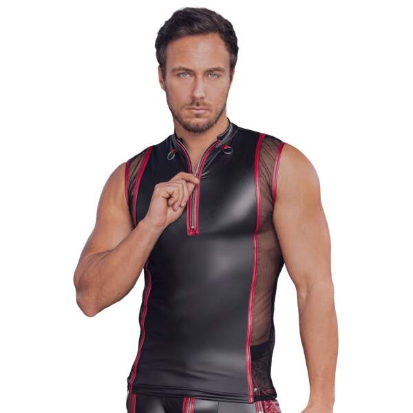 NEK - Shirt - Mouwloos - Wetlook - Gaas - Rode Accenten - Zwart