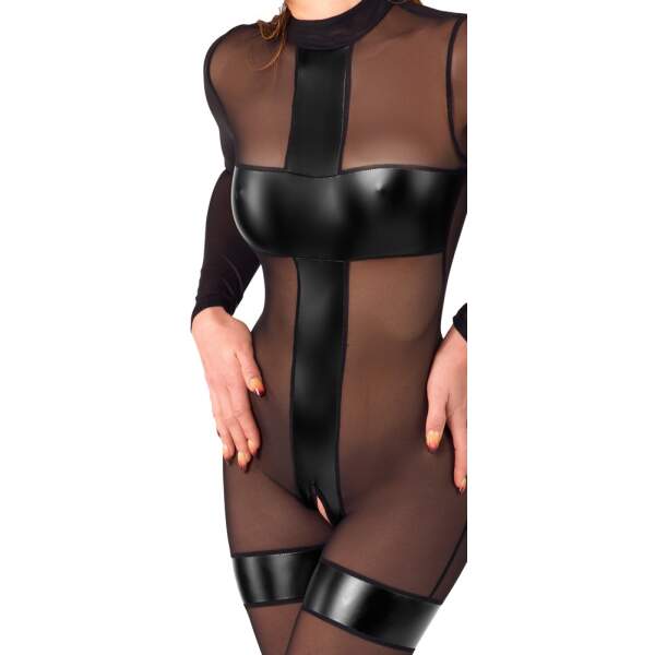 Noir Handmade - Transparante Catsuit - Kruisloos - Gaas met Wetlook - Zwart - Afbeelding 4