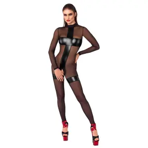 Noir Handmade - Transparante Catsuit - Kruisloos - Gaas met Wetlook - Zwart