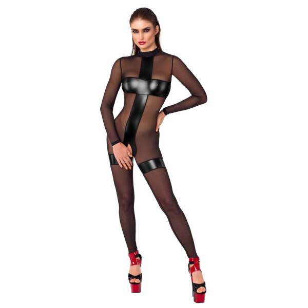 Noir Handmade - Transparante Catsuit - Kruisloos - Gaas met Wetlook - Zwart