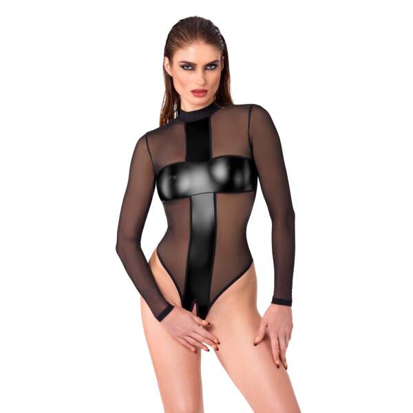 Noir Handmade - Kruisloze Stringbody van Gaas en Wetlook - Zwart - Afbeelding 2