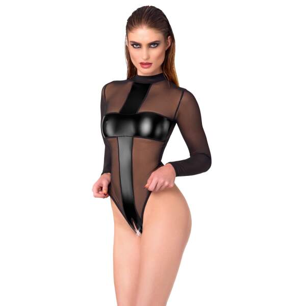 Noir Handmade - Kruisloze Stringbody van Gaas en Wetlook - Zwart