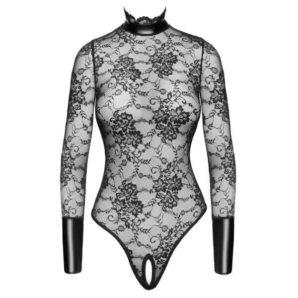 Noir Handmade - Kruisloze Stringbody van Kant en Wetlook - Zwart