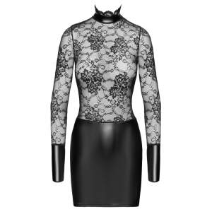 Noir Handmade - Mini Jurk van Kant en Wetlook - Zwart