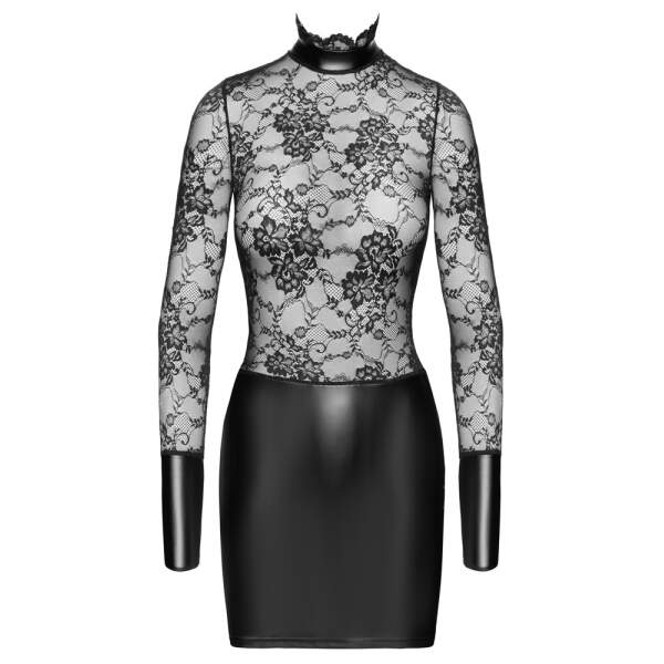 Noir Handmade - Mini Jurk van Kant en Wetlook - Zwart