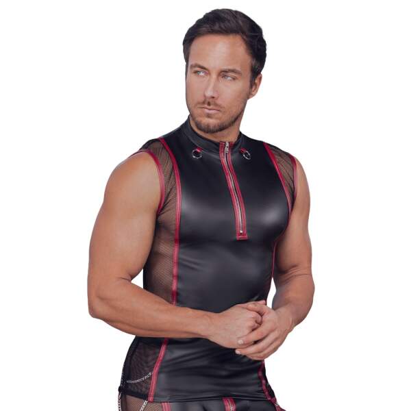 NEK - Shirt - Mouwloos - Wetlook - Gaas - Rode Accenten - Zwart - Afbeelding 2