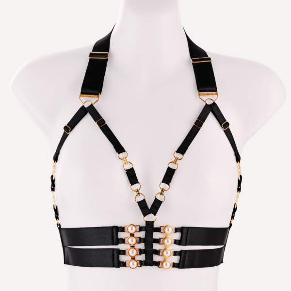 Kinky Diva - Decadence - Isis I - Open Bra - Parels - Gouden details - Harnas - Verstelbaar - Zwart - Afbeelding 8