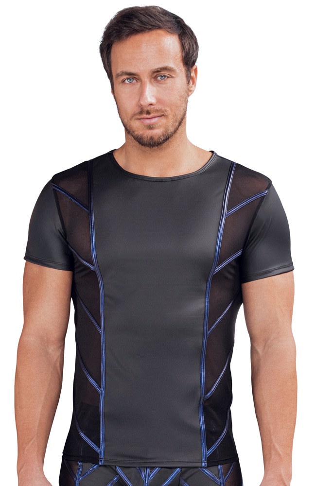NEK - Shirt - Blauwe Strepen - Wetlook - Gaas - Zwart