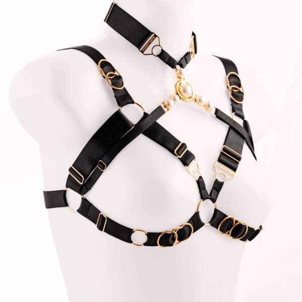 Kinky Diva - Decadence - Faustina I - Open Bra - Parels - Gouden Details - Harnas - Verstelbaar - Zwart - Afbeelding 6