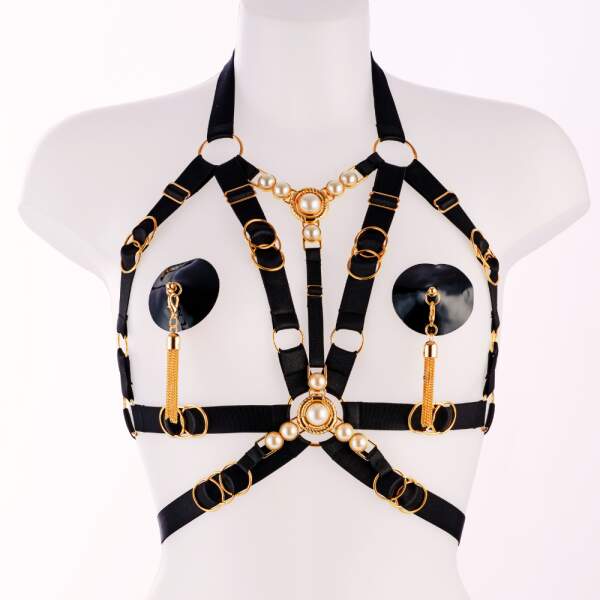Kinky Diva - Decadence - Faustina II - Open Bra - Parels - Gouden Details - Harnas - Verstelbaar - Zwart - Afbeelding 7