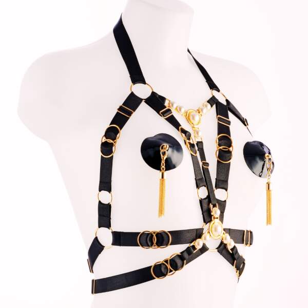 Kinky Diva - Decadence - Faustina II - Open Bra - Parels - Gouden Details - Harnas - Verstelbaar - Zwart - Afbeelding 8