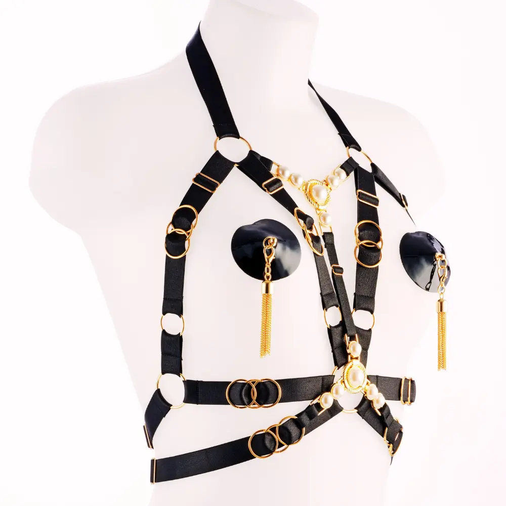 Kinky Diva - Decadence - Faustina II - Open Bra - Parels - Gouden Details - Harnas - Verstelbaar - Zwart - Afbeelding 8