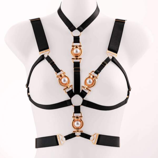 Kinky Diva - Decadence - Pompeia I - Open Bra - Parels - Gouden Details - Harnas - Verstelbaar - Zwart - Afbeelding 6