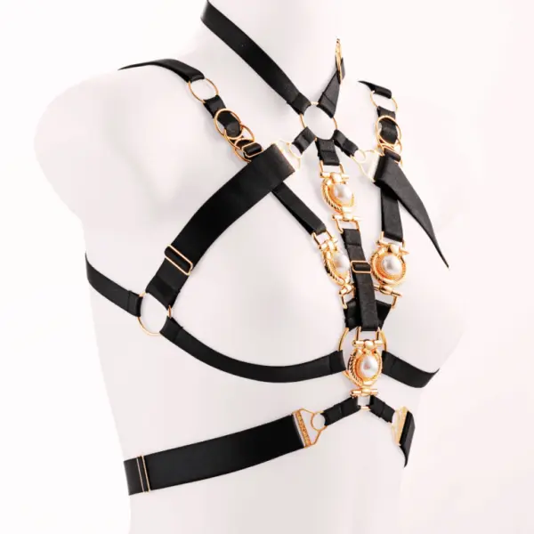Kinky Diva - Decadence - Pompeia I - Open Bra - Parels - Gouden Details - Harnas - Verstelbaar - Zwart - Afbeelding 5