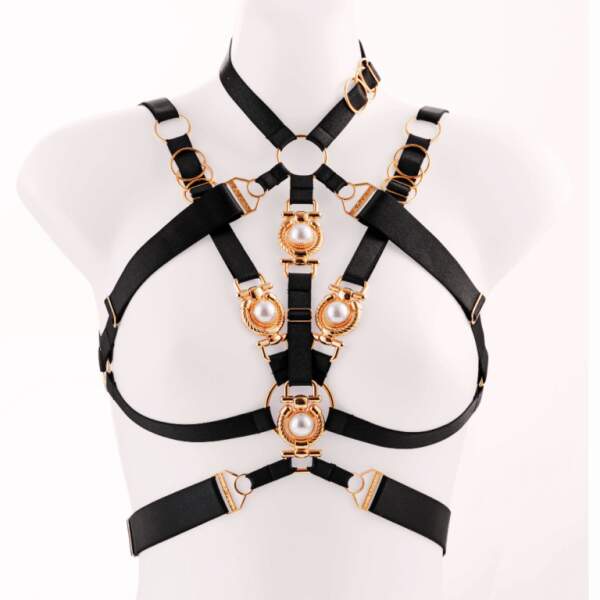 Kinky Diva - Decadence - Pompeia II - Open Bra Cross Over - Parels - Gouden Details - Harnas - Verstelbaar - Zwart - Afbeelding 5