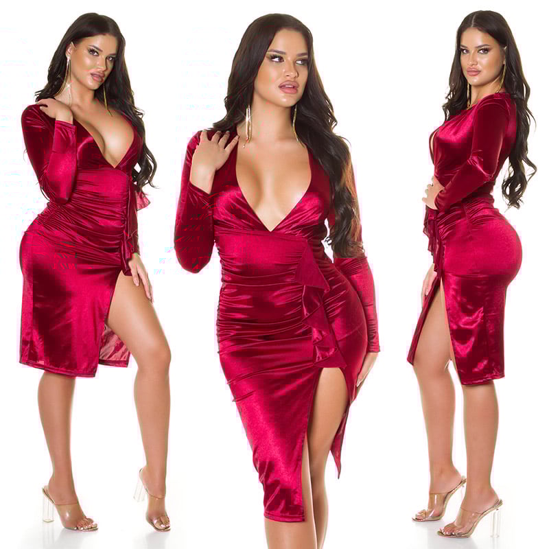 Koucla - Cocktailjurkje - Lange Mouw - Satijn - Bordeaux Rood - Afbeelding 6