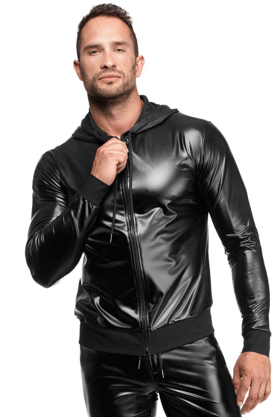 Noir Handmade - H086 - Vexen - Hooded Jacket - Wetlook - Zwart - Afbeelding 4