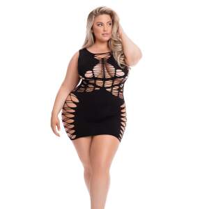 Pink Lipstick - Dynamite Diva Dress - Visnet Bodystocking Jurkje - Plus Size - Zwart