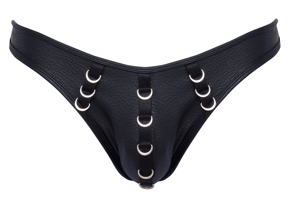 Sexy Herenstring van Zwart Kunstleer met Metalen Ringen – Svenjoyment ghost front