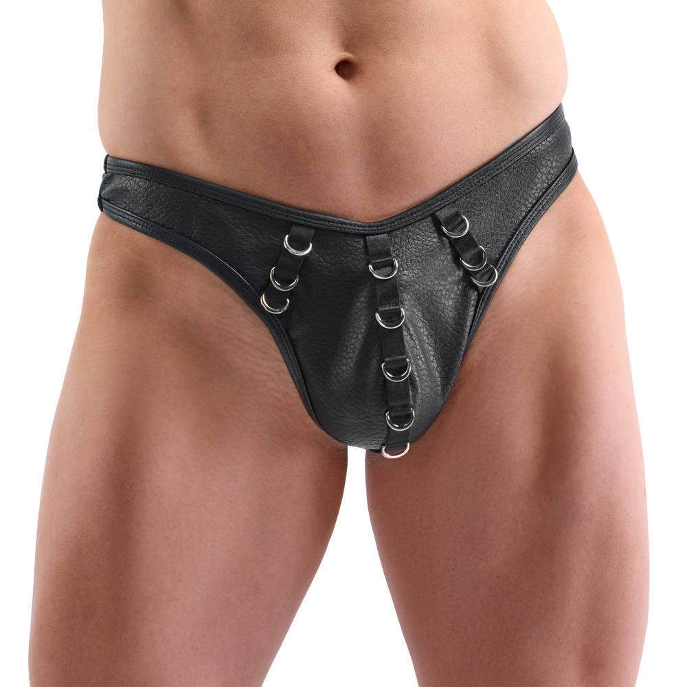 Sexy Herenstring van Zwart Kunstleer met Metalen Ringen – Svenjoyment front