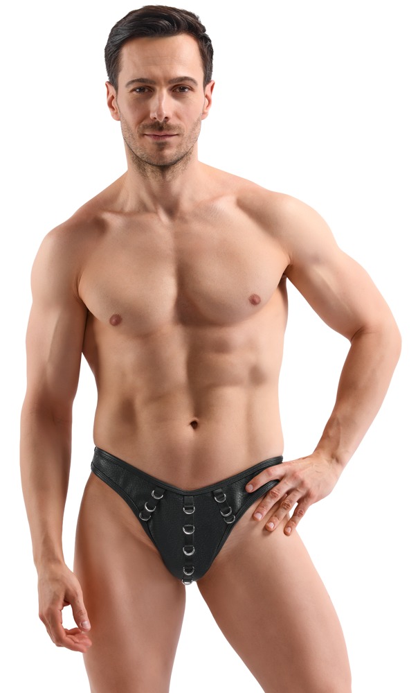 Sexy Herenstring van Zwart Kunstleer met Metalen Ringen – Svenjoyment model front