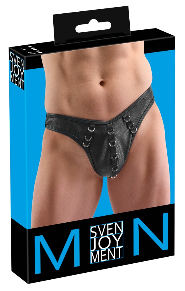 Sexy Herenstring van Zwart Kunstleer met Metalen Ringen – Svenjoyment box