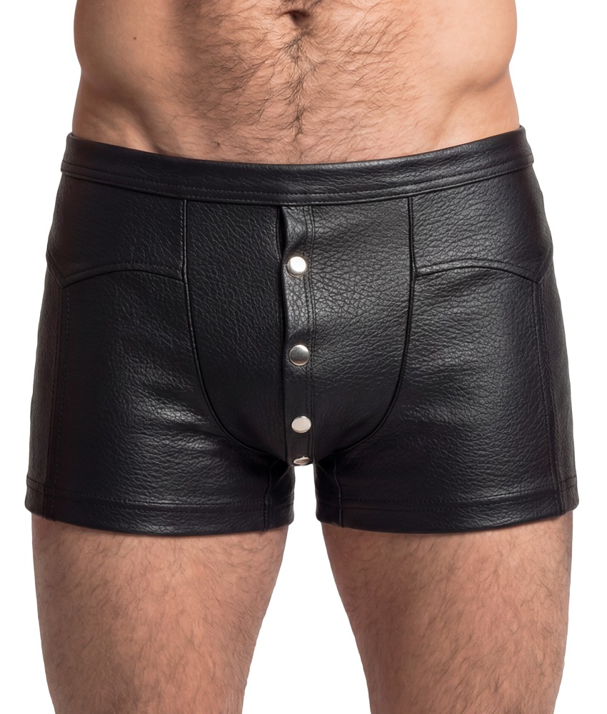 Sexy Heren Fetish Short van Zwart Kunstleer met Drukknopen – Svenjoyment Front