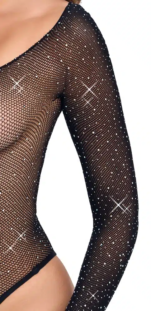 Transparante Visnet Stringbody met Glitters en Lange Mouwen - Cottelli Collection - Afbeelding 3