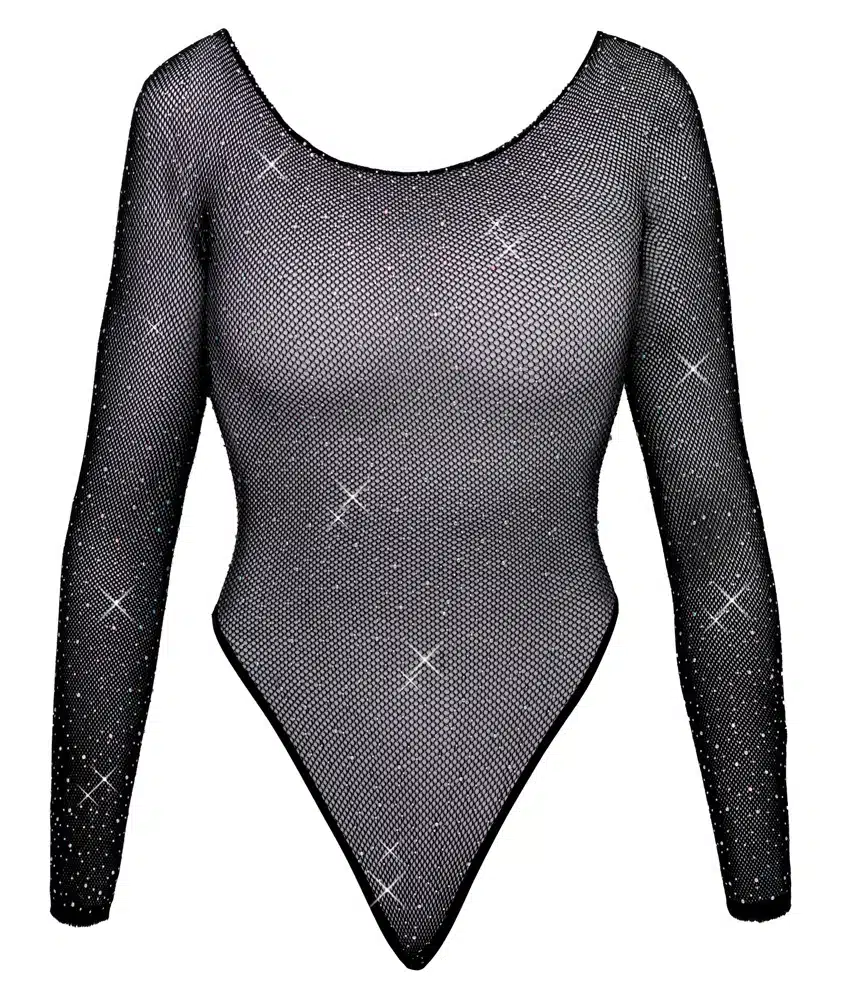 Transparante Visnet Stringbody met Glitters en Lange Mouwen - Cottelli Collection - Afbeelding 4