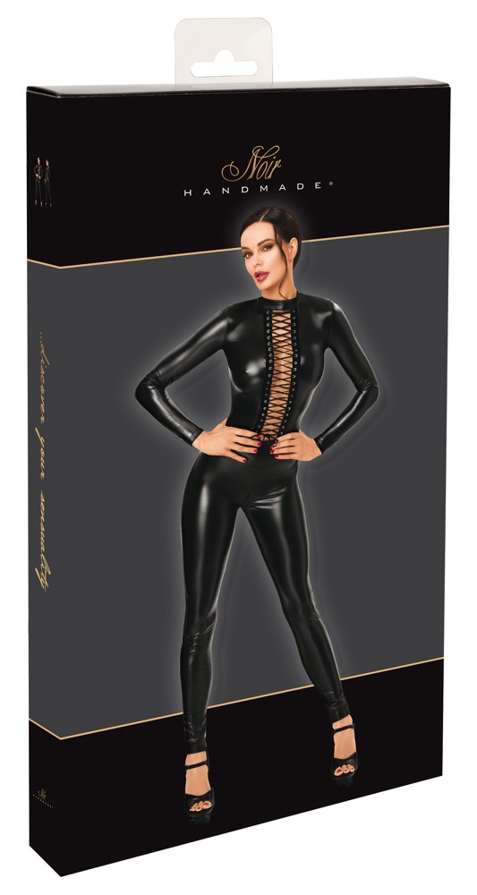 Zwarte Wetlook Catsuit met Diep Decolleté, Veters en 3-Weg Rits – Noir Handmade box