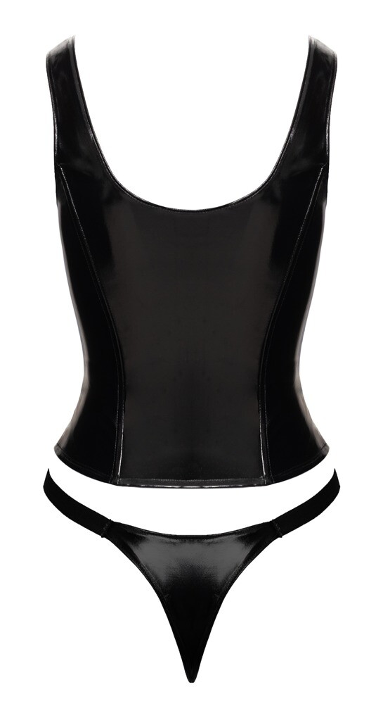 Zwarte Lak Corset Top en String – Black Level ghost back
