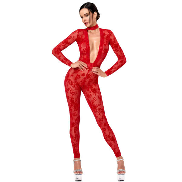 Rode Mesh Catsuit met Diepe V-Hals F414 Lovebite - Noir Handmade