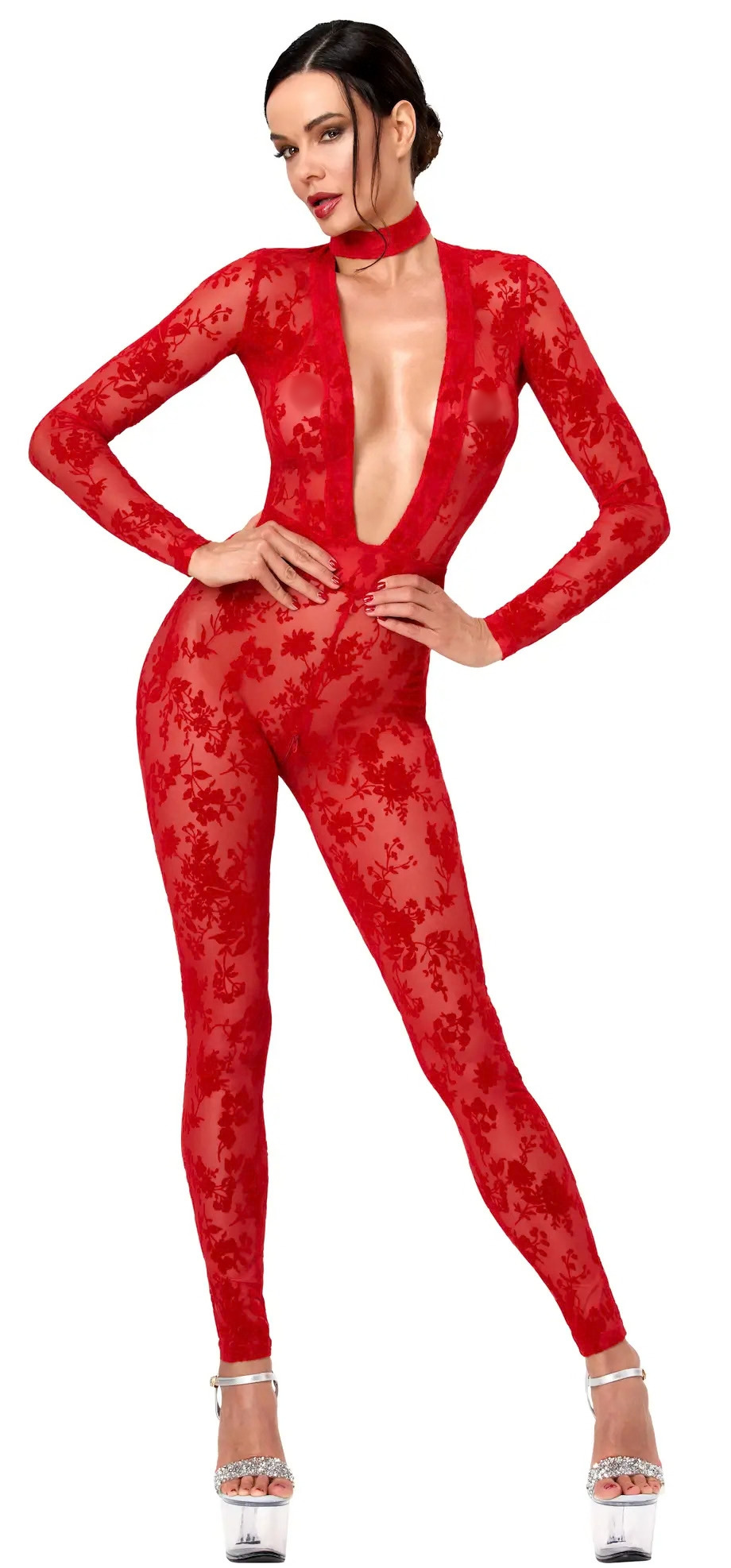 Rode Mesh Catsuit met Diepe V-Hals F414 Lovebite - Noir Handmade