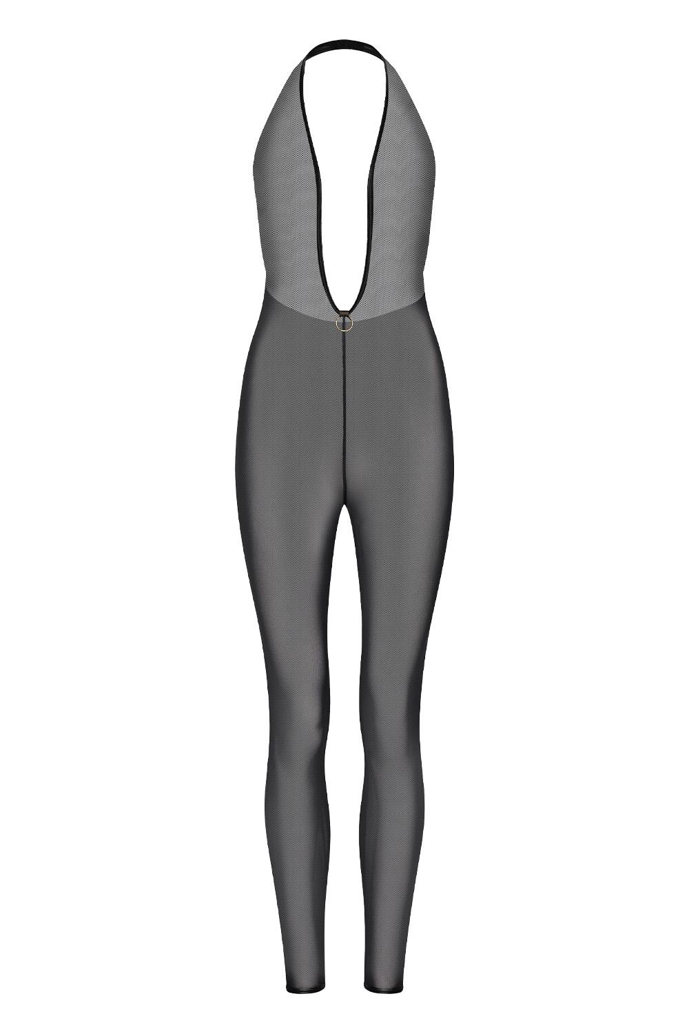 Halter Catsuit Mesh met Diepe V-hals en Open Rug - Guilty Pleasure - Afbeelding 3