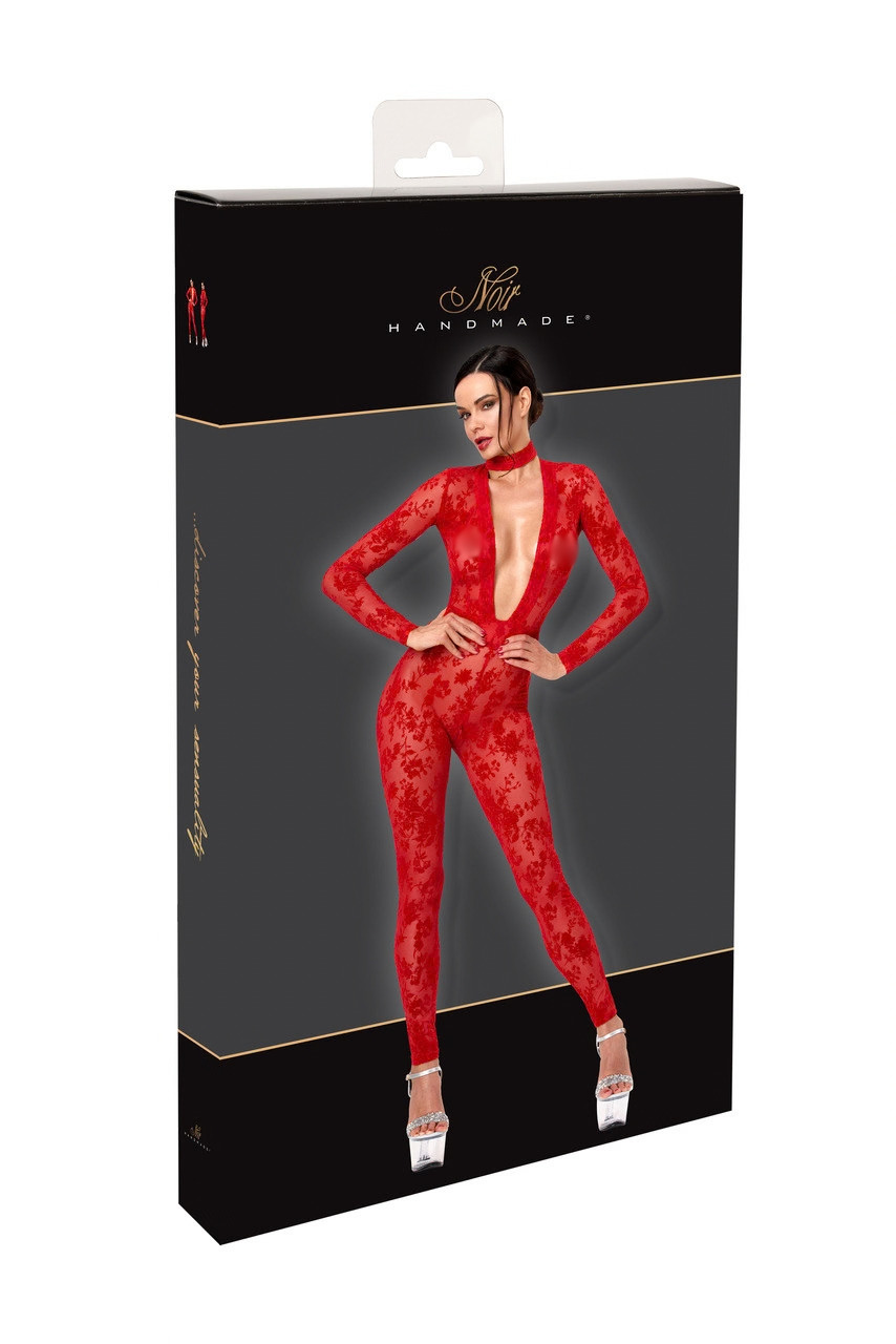 Rode Mesh Catsuit met Diepe V-Hals F414 Lovebite - Noir Handmade Box BLUR