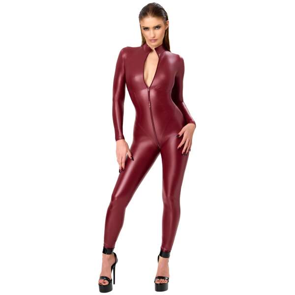 Rode wetlook catsuit F395 Dark Romance met 3-zijdige Rits Noir Handmade