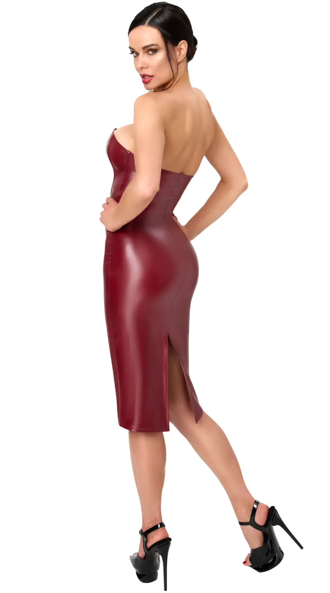 F396 Bordeaux Wetlook Dark Romance Corset Midi Dress back