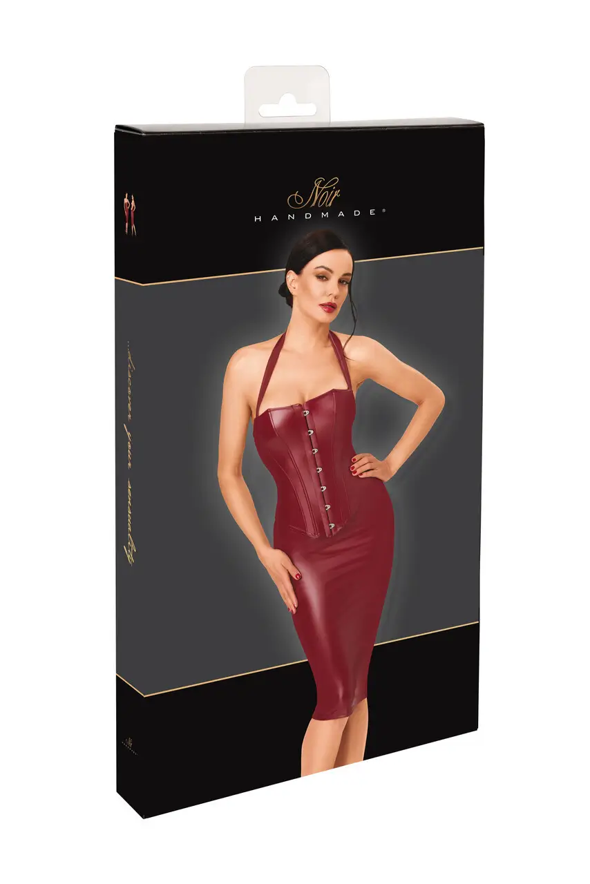 F396 Bordeaux Wetlook Dark Romance Corset Midi Dress box