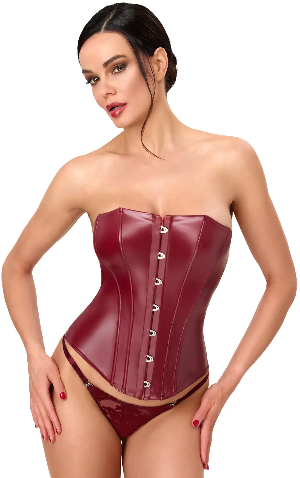 F398 Bordeaux Wetlook Affair Boned Corset Front
