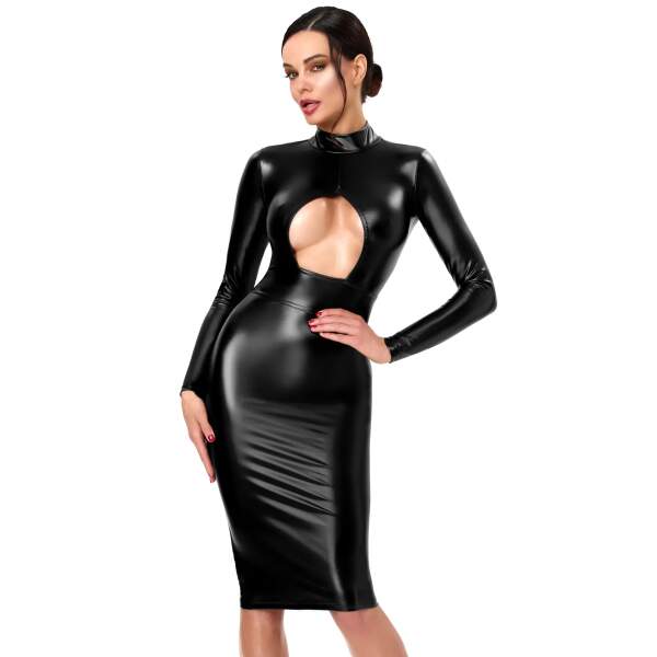 Wetlook Midi jurk met open Bust F401 Dark Affair Noir Handmade