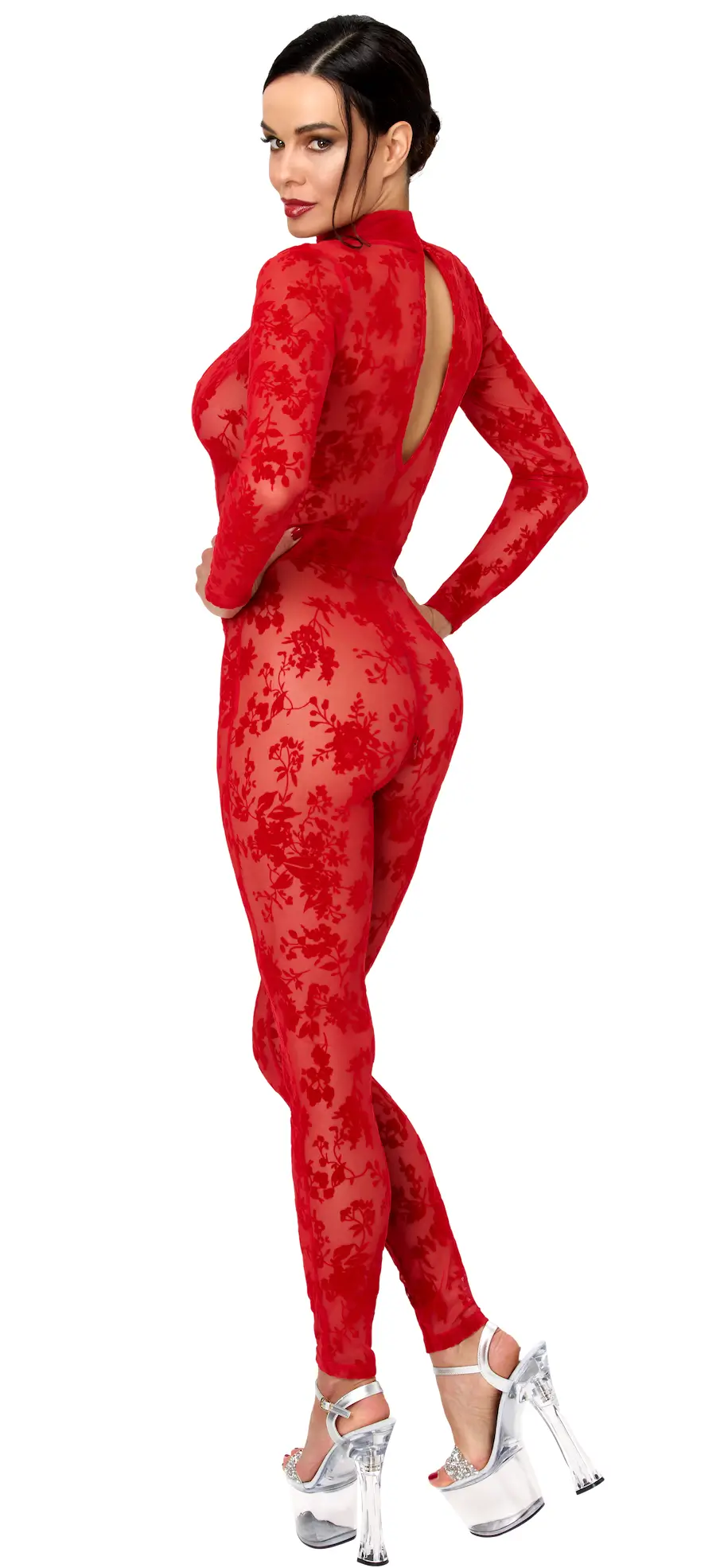 Rode Mesh Catsuit met Diepe V-Hals F414 Lovebite - Noir Handmade achter