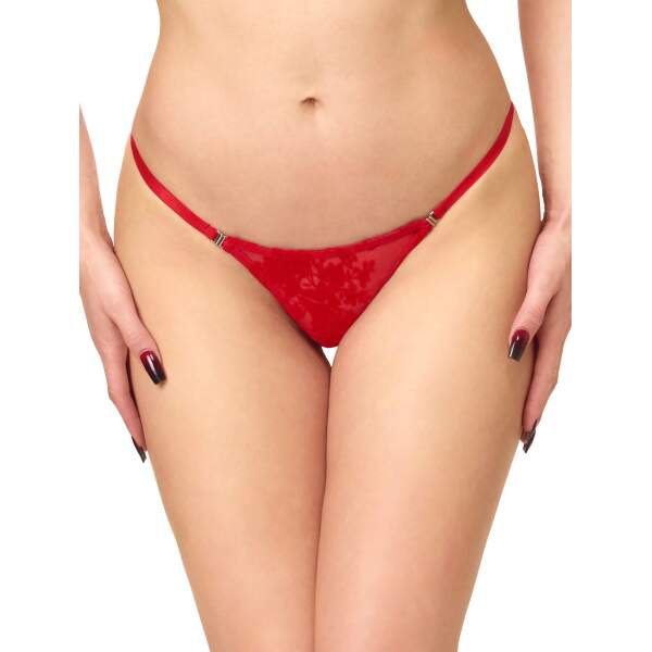 Plaything Stripper String in vuurrood flockprint F420 Noir Handmade Front close