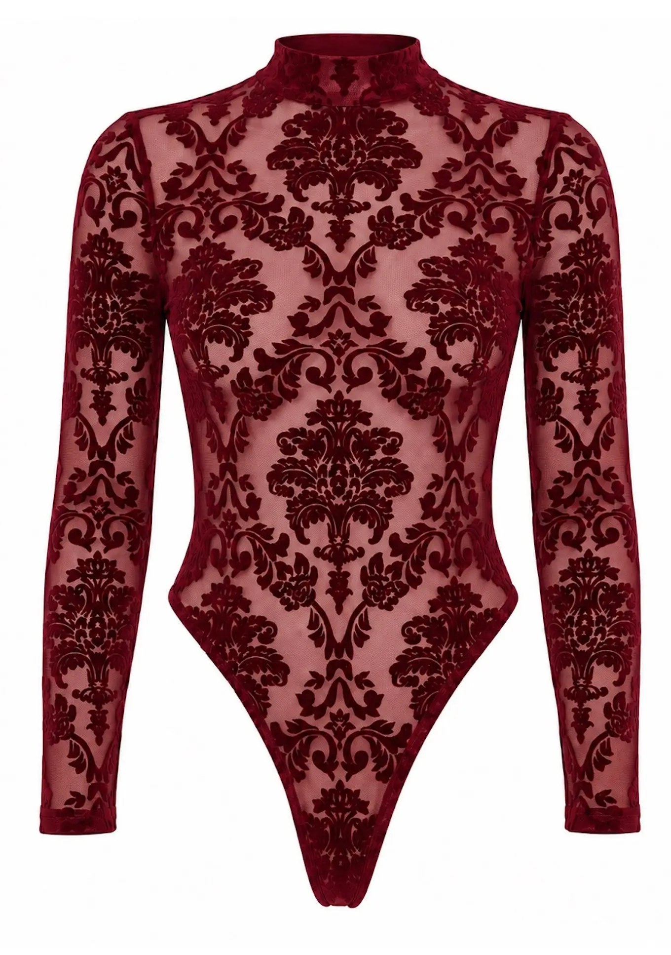Rode Gaas Stringbody met Open Rug in Flockprint F422 Masquerade - Noir Handmade Ghost Front