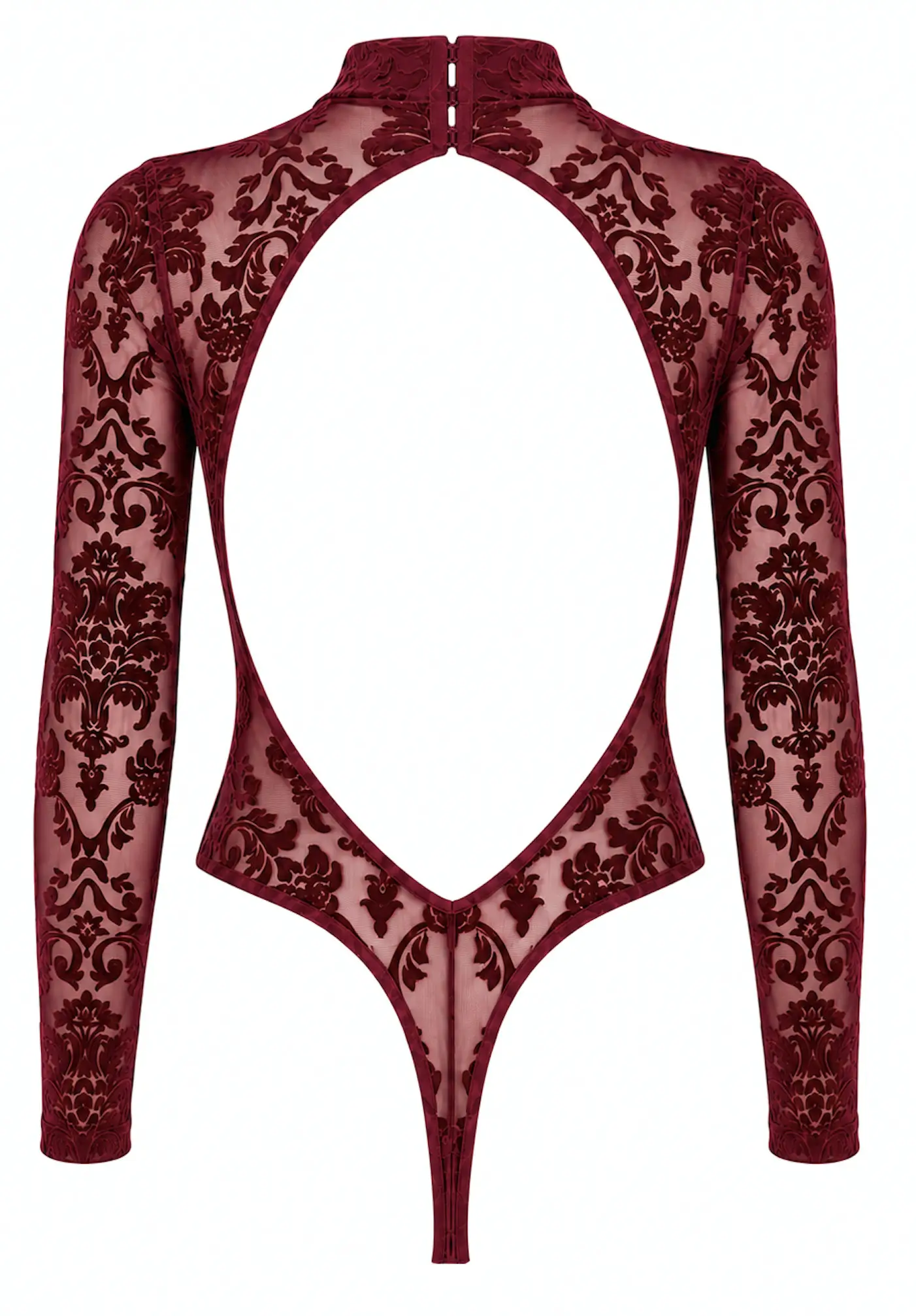 Rode Gaas Stringbody met Open Rug in Flockprint F422 Masquerade - Noir Handmade Ghost Back
