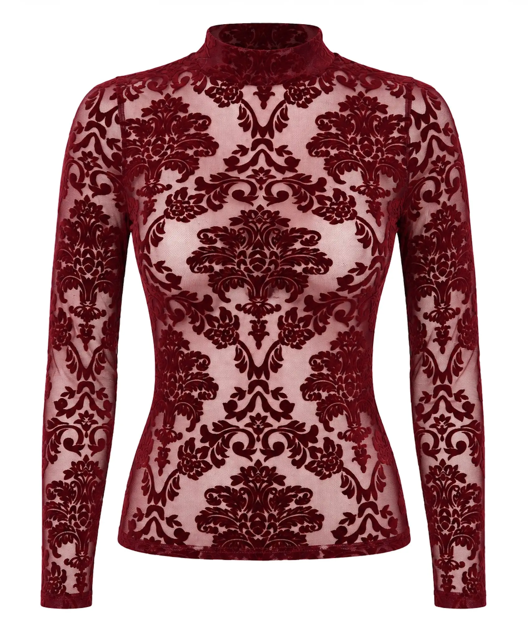 Rode Mesh Top met Lange Mouwen en Flockprint F425 - Masquerade - Noir Handmade Ghost Front