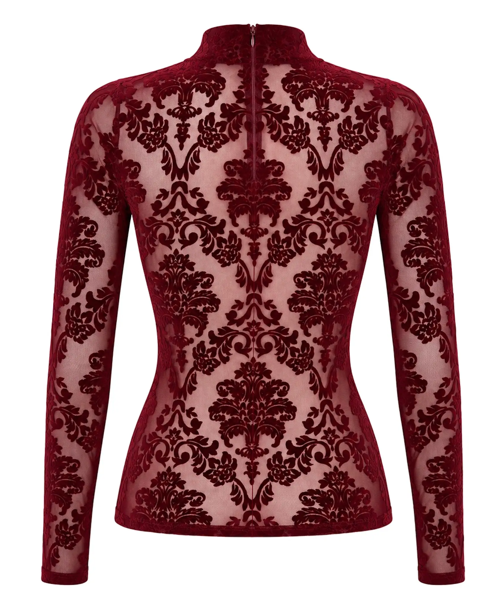 Rode Mesh Top met Lange Mouwen en Flockprint F425 - Masquerade - Noir Handmade Ghost Back