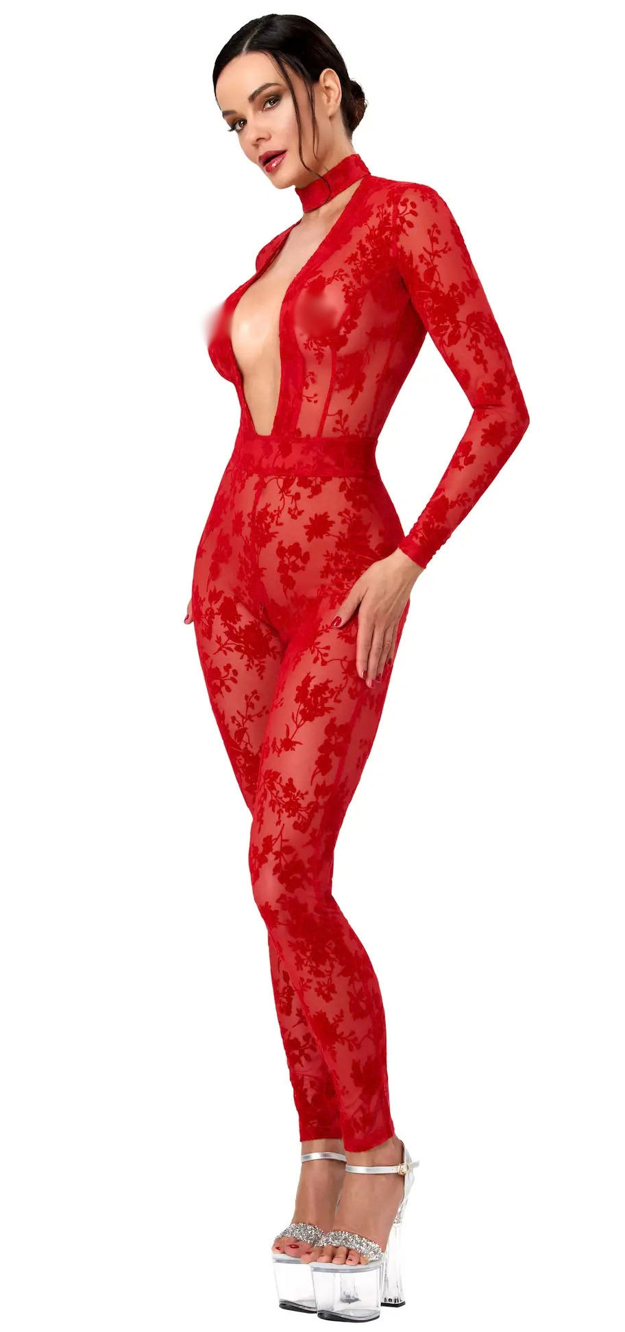 Rode Mesh Catsuit met Diepe V-Hals F414 Lovebite - Noir Handmade Zij BLUR