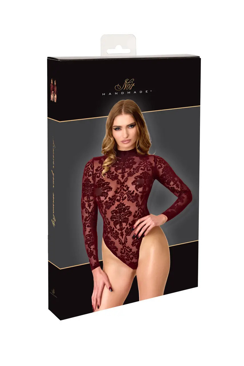 Rode Gaas Stringbody met Open Rug in Flockprint F422 Masquerade - Noir Handmade BOX