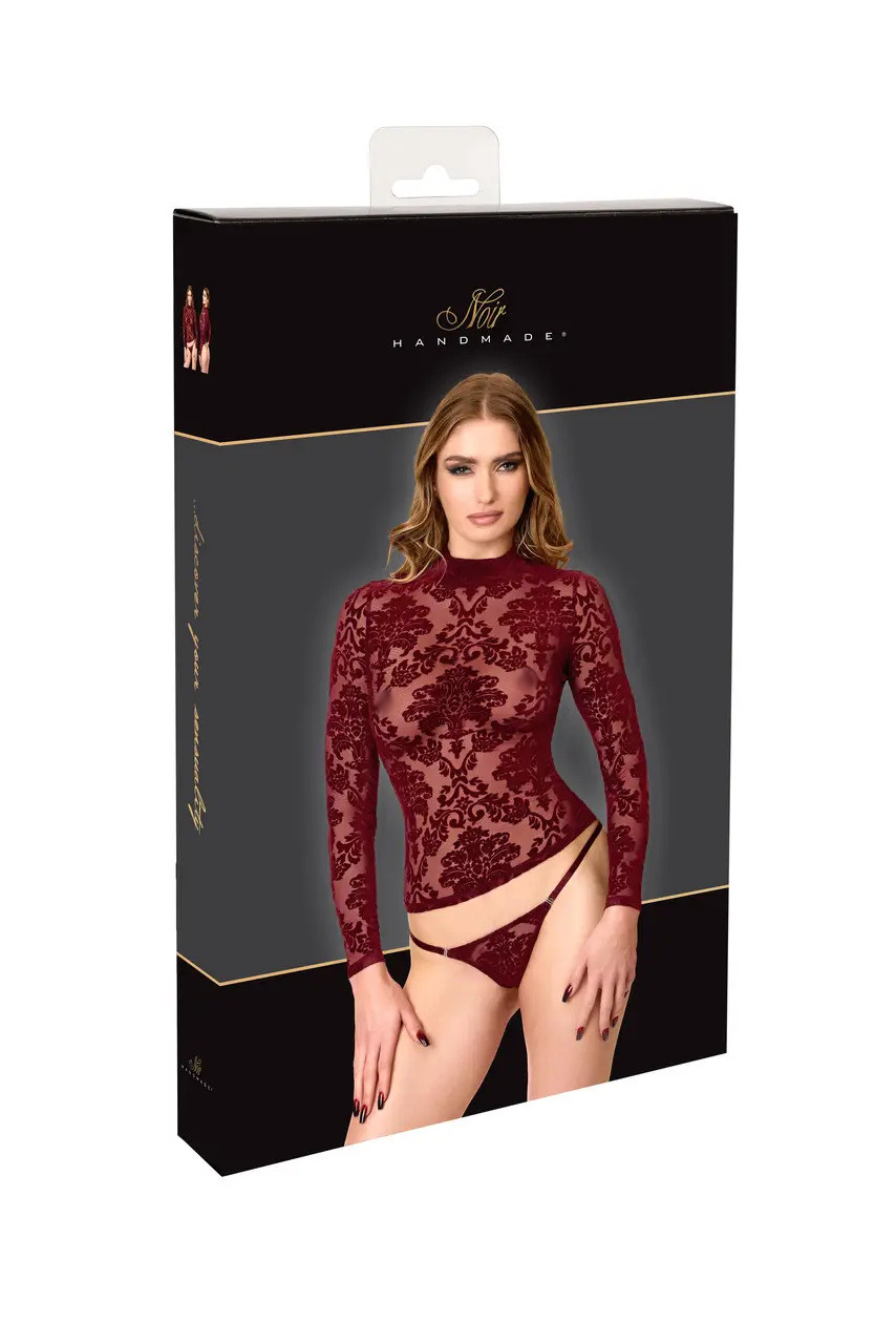 Rode Mesh Top met Lange Mouwen en Flockprint F425 - Masquerade - Noir Handmade Box